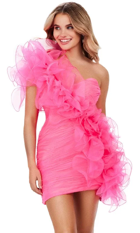 affordable party dress for women -Ashley Lauren 4672 - One-Sleeve Organza Ruffle Detail Cocktail Dress