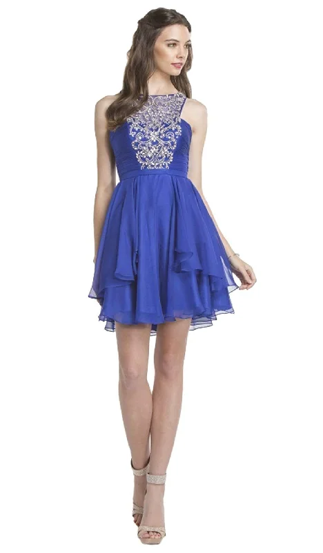 party dress with bold prints -Aspeed Design - Bedazzled Halter Neck Homecoming Affordable Prom Dress