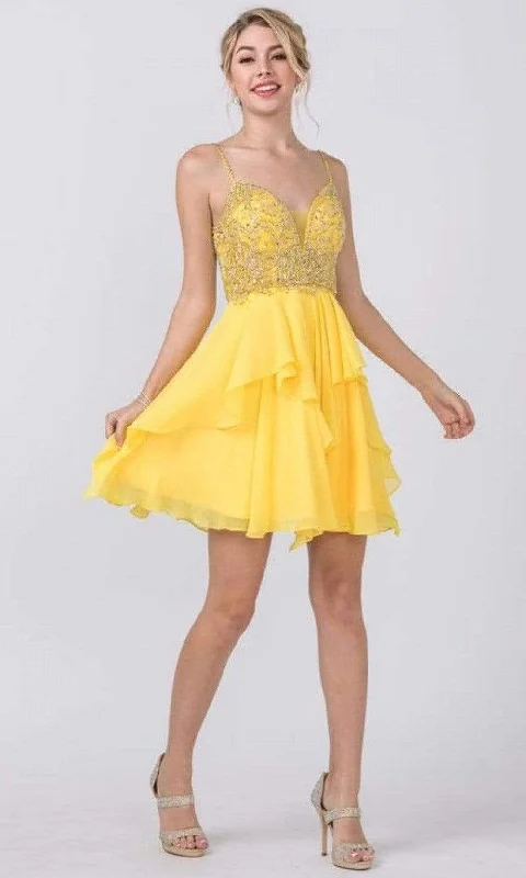 elegant party dress for nightlife -Aspeed Design - S2334 V Neck Beaded Chiffon Short Dress