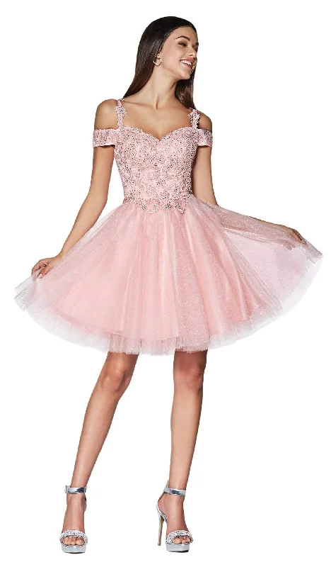 party dress with floral print -Cinderella Divine - CD0132 Cold Shoulder Glitter Tulle Cocktail Dress