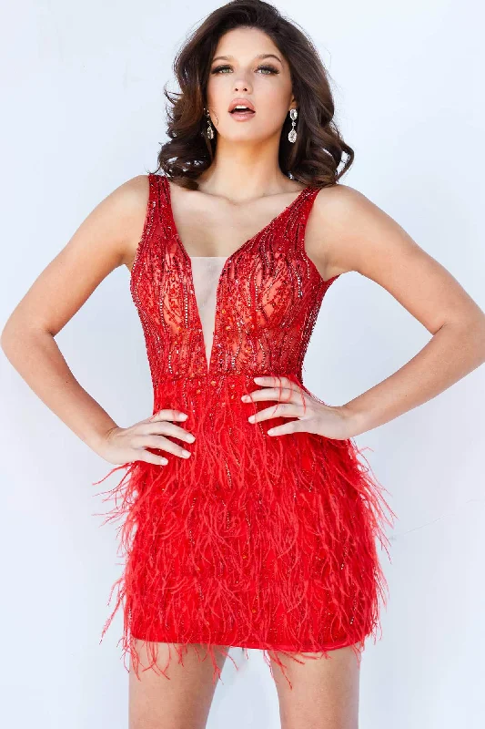 trendy party dress for teens -Jovani - 04619 Beaded V-Neck Feather-Fringed Short Prom Dress