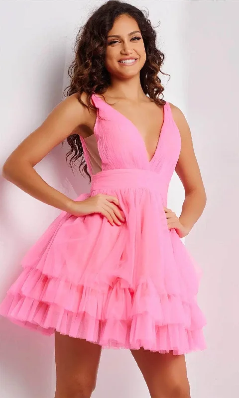 cute party dress for summer -Jovani 36575 - Plunging Neckline Ruffle Hem Cocktail Dress