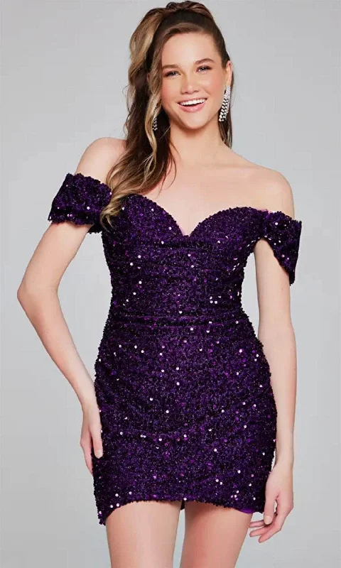 black party dress for girls -Jovani 39631 - Sequin Off Shoulder Cocktail Dress