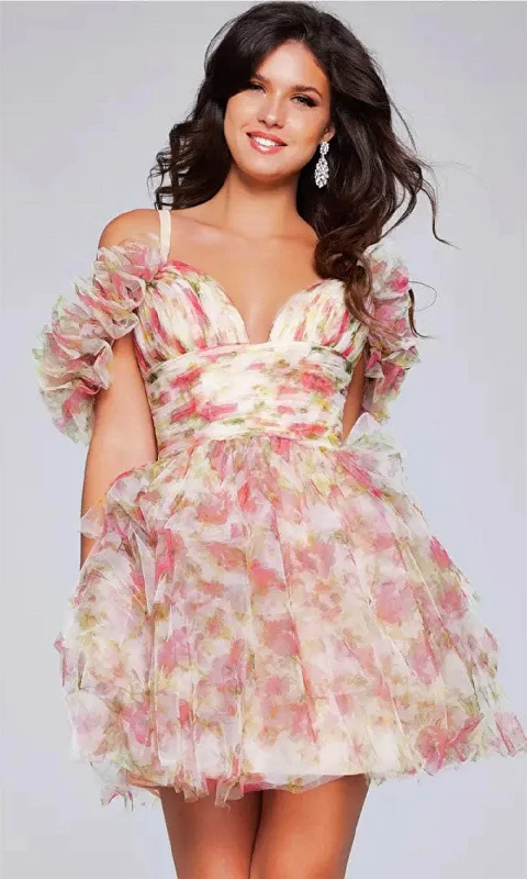 party dress with unique prints -Jovani 40505 - Floral Printed Empire Waist Cocktail Dress