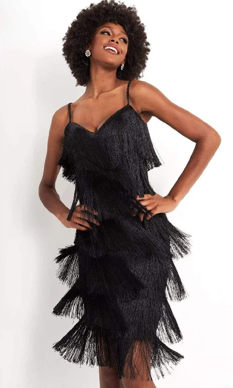 affordable party dress for date -Jovani - M3220 Spaghetti Strap Fringe Cocktail Dress