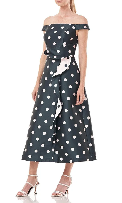 trendy party dress for summer -Kay Unger 5517419 - Off-Shoulder Polka Dot Printed Tea-Length Dress