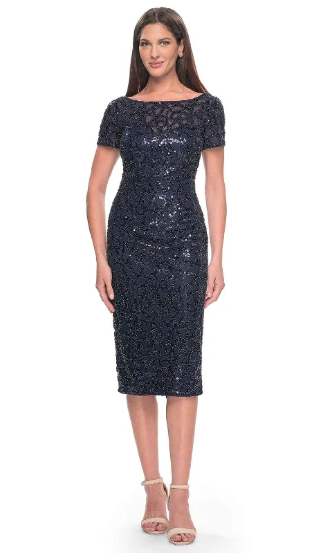 party dress with bold design -La Femme 30043 - Intricate Sequin Pattern Short Sleeve Dress