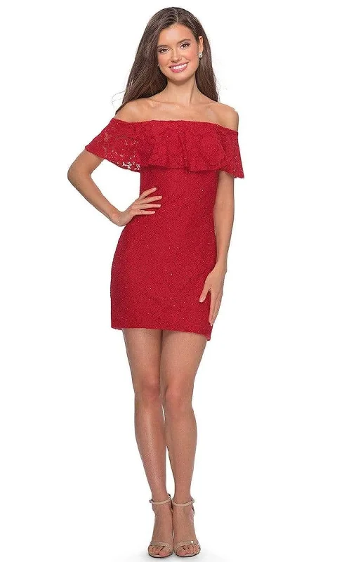 affordable party dress for girls -La Femme - Draped Lace Off Shoulder Short Dress 28147SC