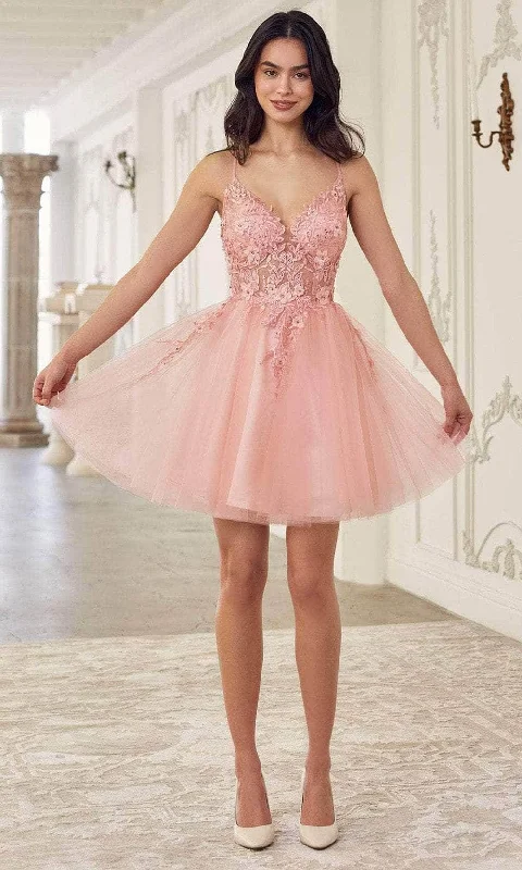 party dress with floral design -Ladivine SF047 - Jeweled Tulle Cocktail Dress