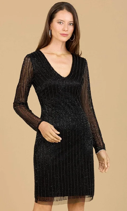 black party dress for women -Lara Dresses 29164 - Long Sleeve Beaded Cocktail Dress