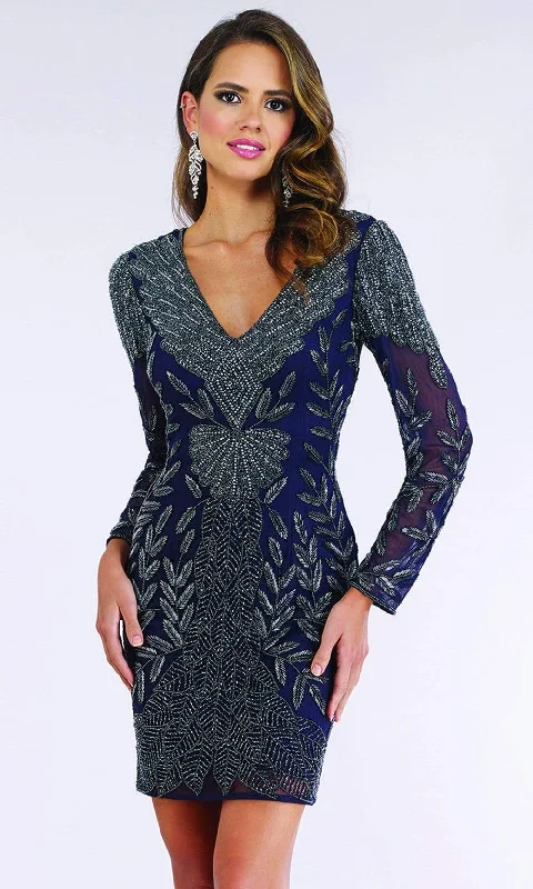 affordable party dress for teens -Lara Dresses - 29376 Long Sleeve V-Neck Beaded Sheath Dress