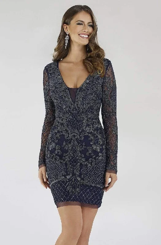 affordable party dress for spring -Lara Dresses - 29610 Beaded Long Sleeves Cocktail Dress