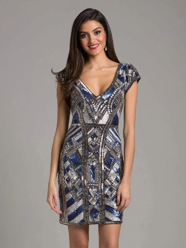 Lara Dresses - 29909 Cap Sleeve Geometric Beaded Short Dress