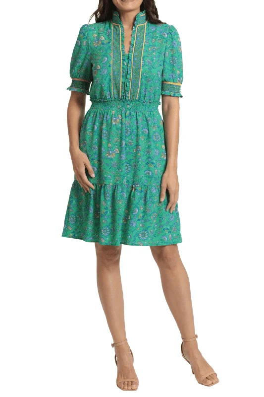 party dress with floral lace -London Times T6656M - Smocked Short Sleeve A-Line Cocktail Dress