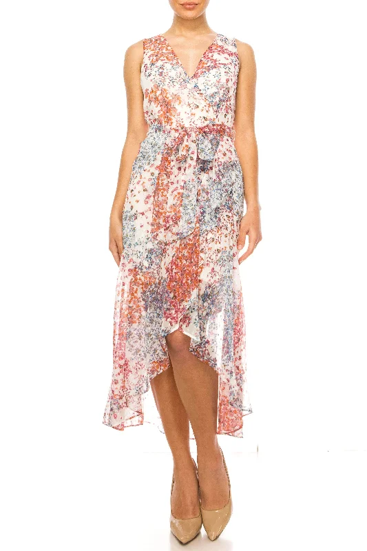 trendy party dress for teens -Maison Tara 91760M - Floral Printed V-Neck Cocktail Dress