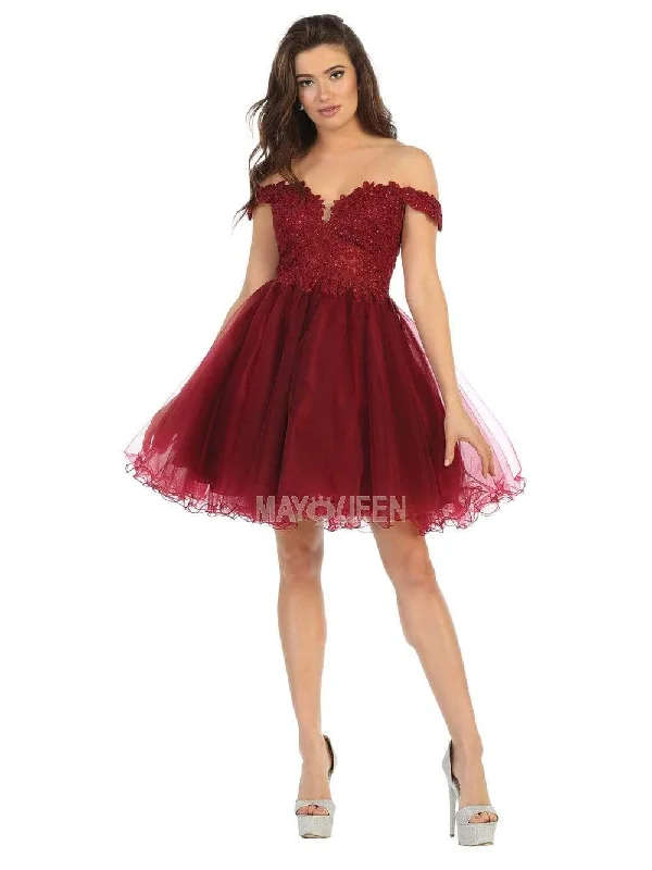 party dress with chic patterns -May Queen - MQ1663 Off Shoulder Sheer Lace Bodice Tulle Cocktail Dress