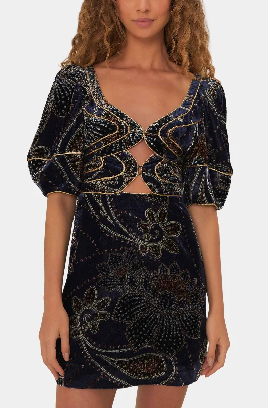 boho midi dresses for club -Floral Glam Scarf Blue Velvet Mini Dress