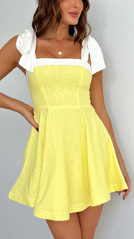 elegant midi dresses for date -Balta Mini Dress - Yellow / White