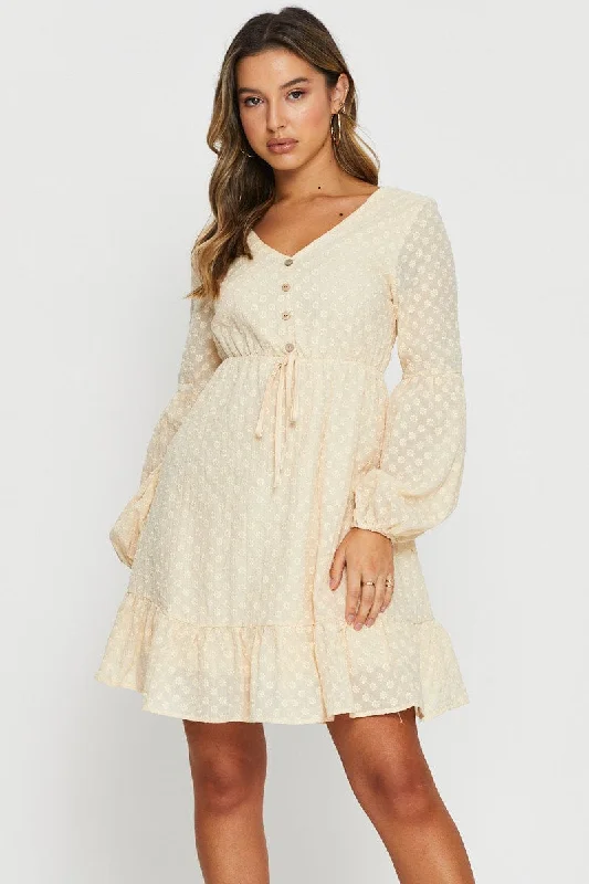 black midi dresses for teens -Beige Mini Dress Long Sleeve