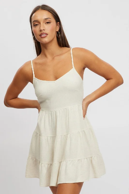 white midi dresses for nightlife -Beige Mini Dress Tiered Strappy