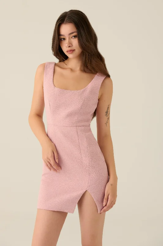 casual midi dresses for date -Being me tweed mini dress in pink