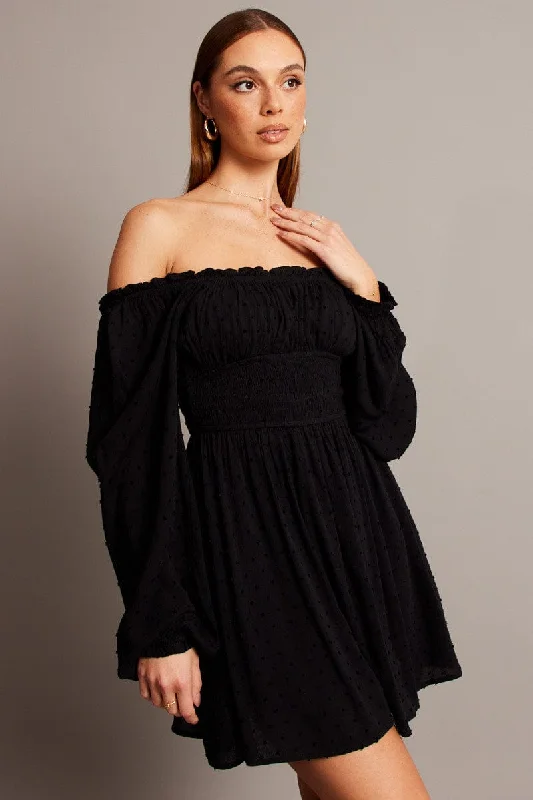 midi dresses with lace sleeves -Black Fit And Flare Dress Long Sleeve Mini