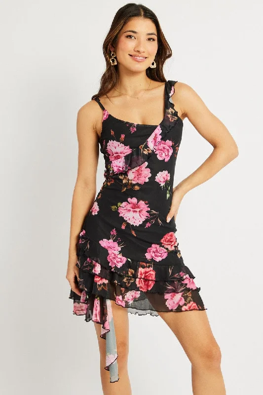 cute midi dresses for nightlife -Black Floral Bodycon Dress Ruffle Hem Mini Mesh