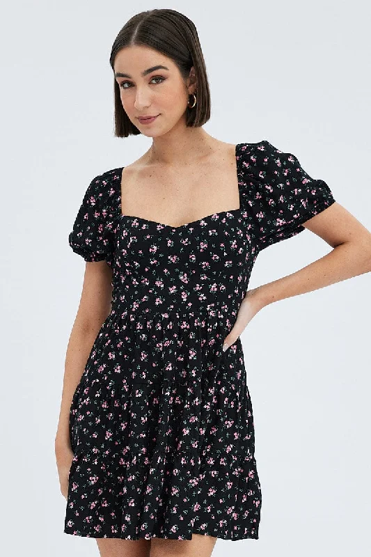 chic midi dresses for women -Black Floral Fit And Flare Dress Puff Sleeve Mini