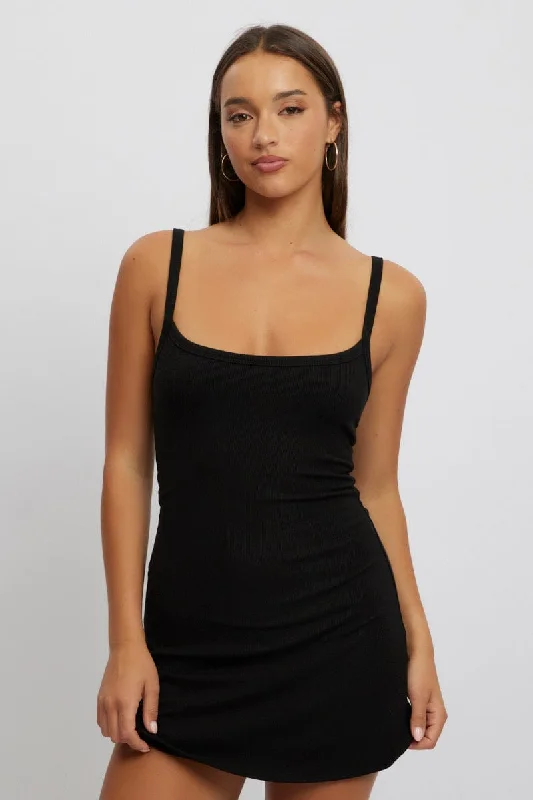 affordable midi dresses for spring -Black Mini Dress Sleeveless Rib A-Line