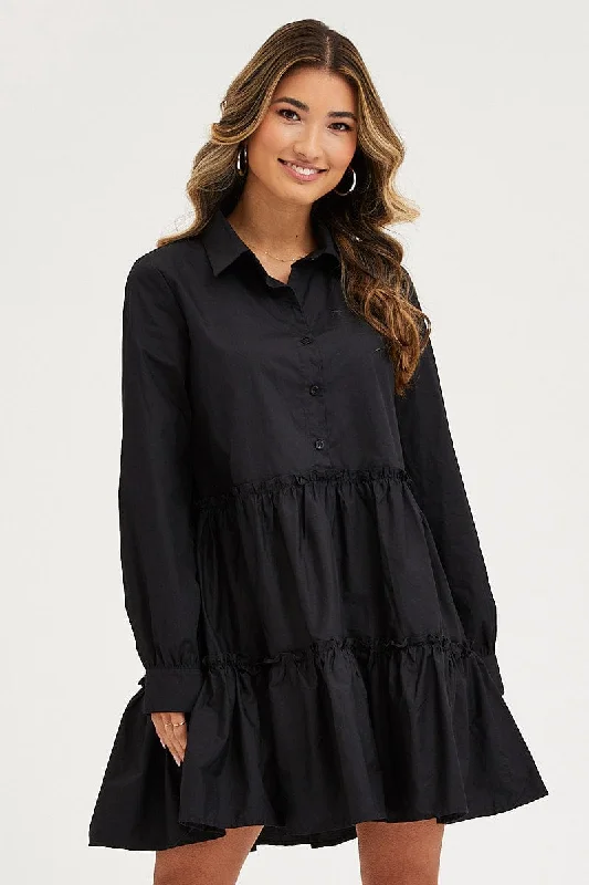 trendy midi dresses for teens -Black Shirt Dress Long Sleeve Mini