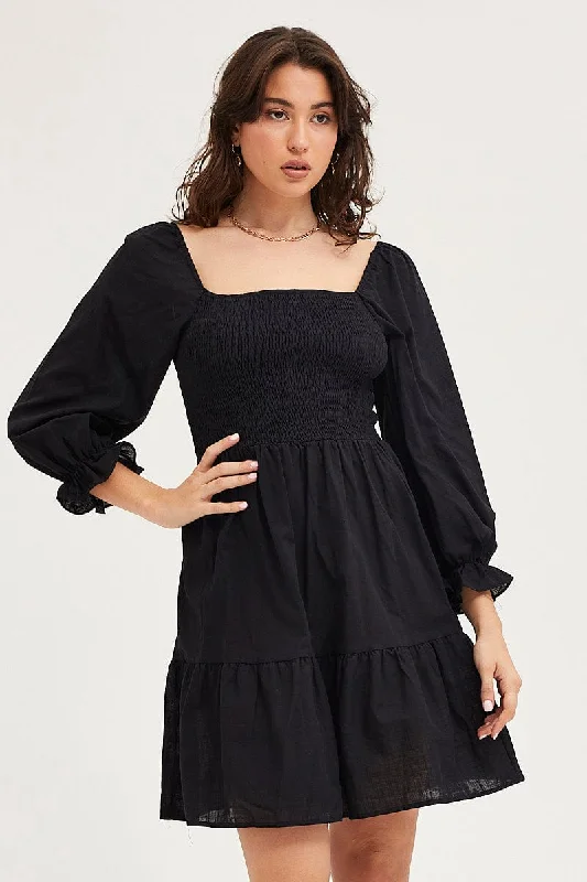 black midi dresses for nightlife -Black Skater Dress Puff Sleeve Mini