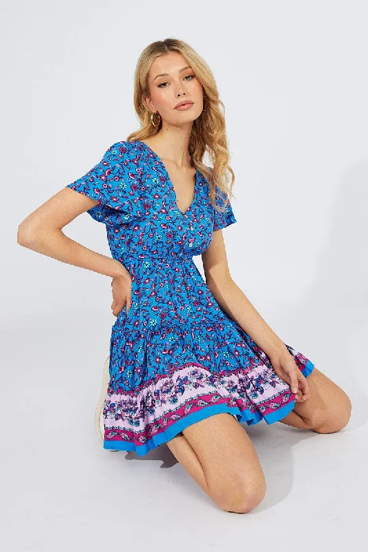 boho midi dresses for events -Blue Boho Fit And Flare Dress V-neck Mini