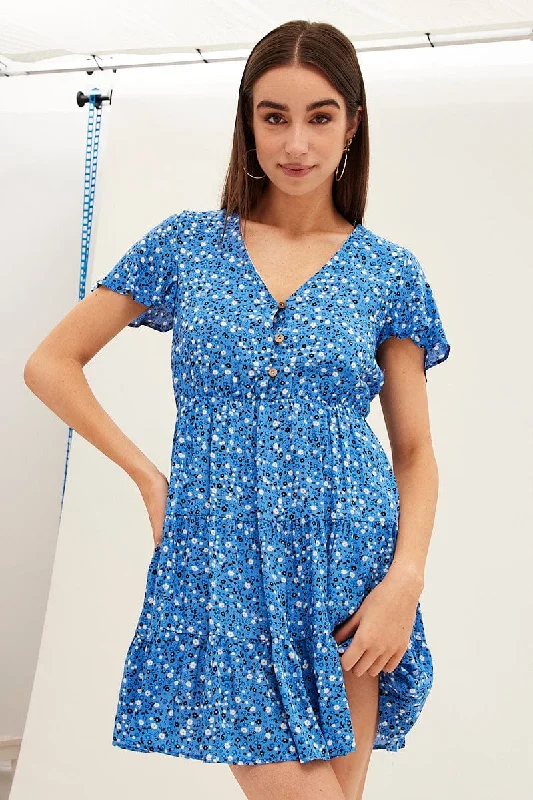 midi dresses with bold sleeves -Blue Floral Button Front Short Sleeve Mini Skater Dress