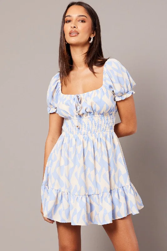 cute midi dresses for nightlife -Blue Geo Fit And Flare Dress Puff Sleeve Mini