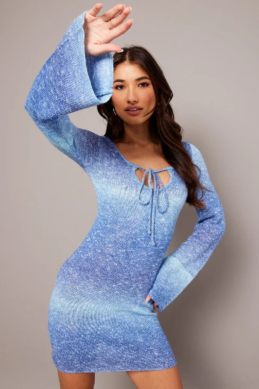 boho midi dresses for club -Blue Knit Dress Long Sleeve Mini