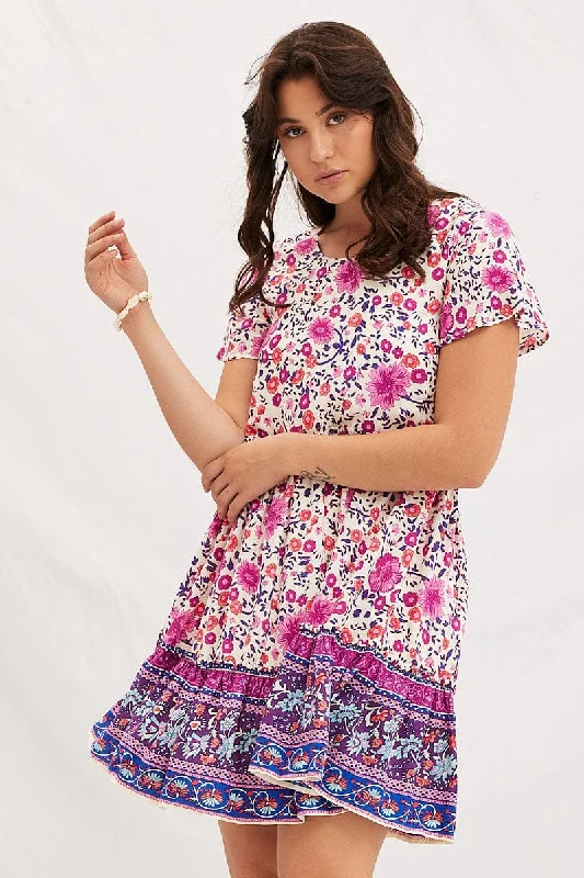 chic midi dresses for summer -Boho Print Mini Dress Short Sleeve