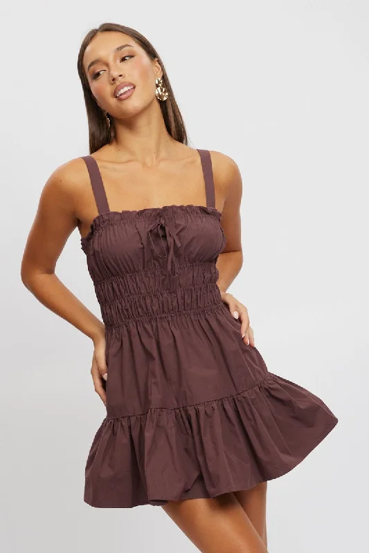 elegant midi dresses for events -Brown Fit And Flare Dress Mini Poplin