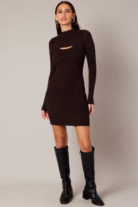 casual midi dresses for date -Brown Knit Dress and Shrug Set Mini