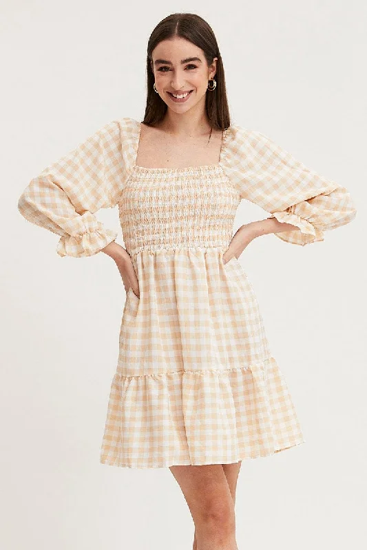 trendy midi dresses for spring -Check Skater Dress Puff Sleeve Mini