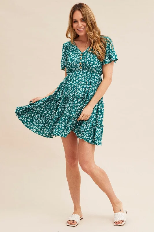 vintage midi dresses for women -Green Ditsy Short Sleeve Floral Mini Skater Dress