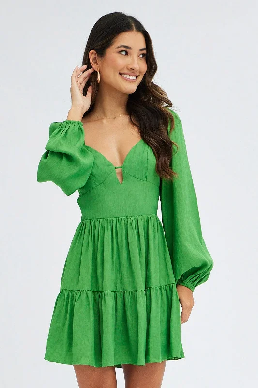 boho midi dresses for teens -Green Fit And Flare Dress Long Sleeve Mini