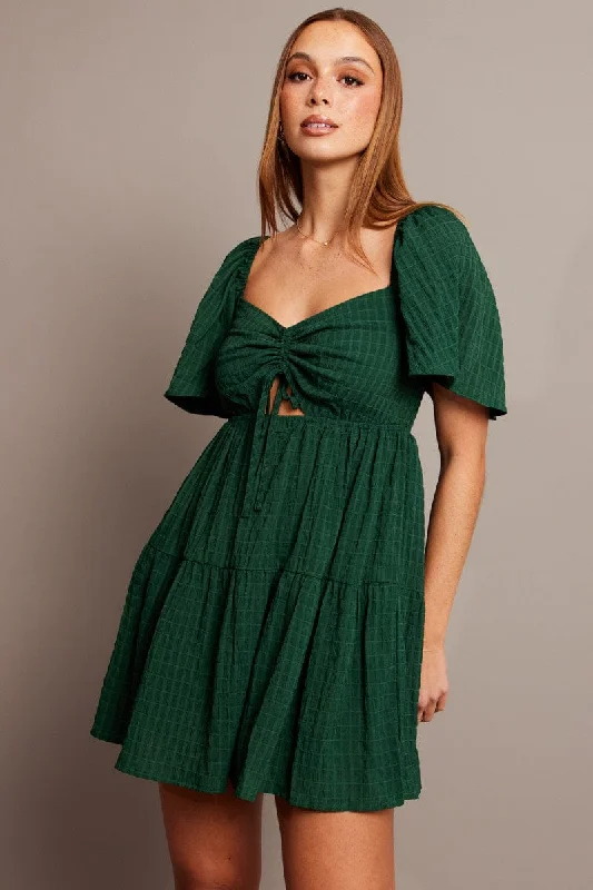 midi dresses with unique ruffles -Green Fit And Flare Dress Short Sleeve Mini