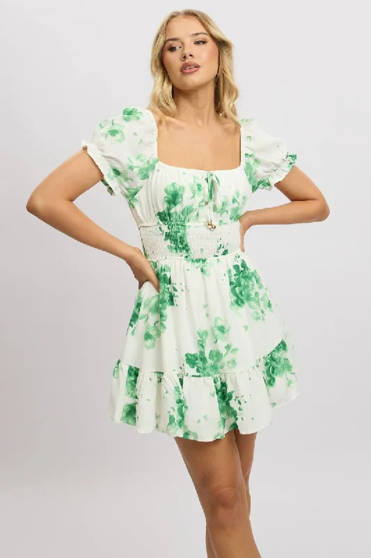 trendy midi dresses for summer -Green Floral Fit And Flare Dress Mini