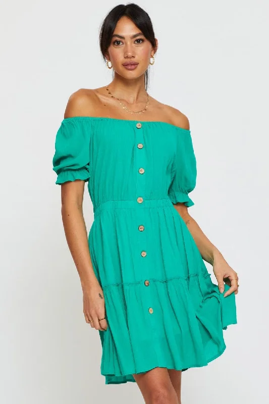 trendy midi dresses for girls -Green Mini Dress Off Shoulder Linen