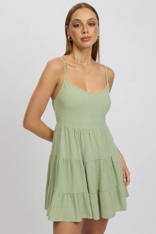 casual midi dresses for teens -Green Mini Dress Tiered Strappy