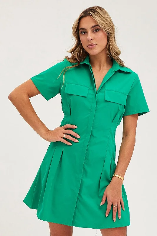 trendy midi dresses for summer -Green Shirt Dress Short Sleeve Mini