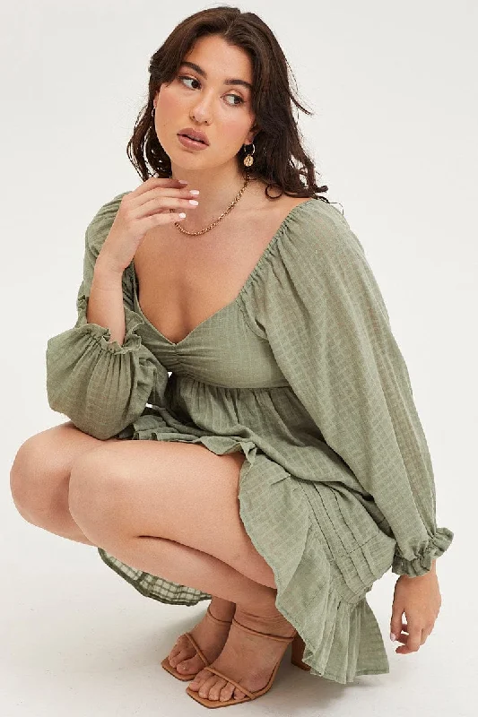 cute midi dresses for summer -Green Smock Dress Long Sleeve Mini