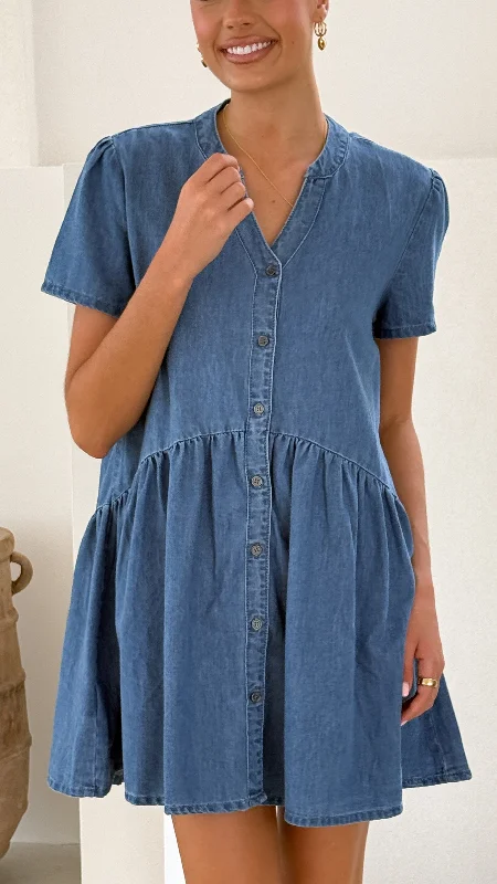 trendy midi dresses for spring -Juliani Mini Dress - Blue Denim