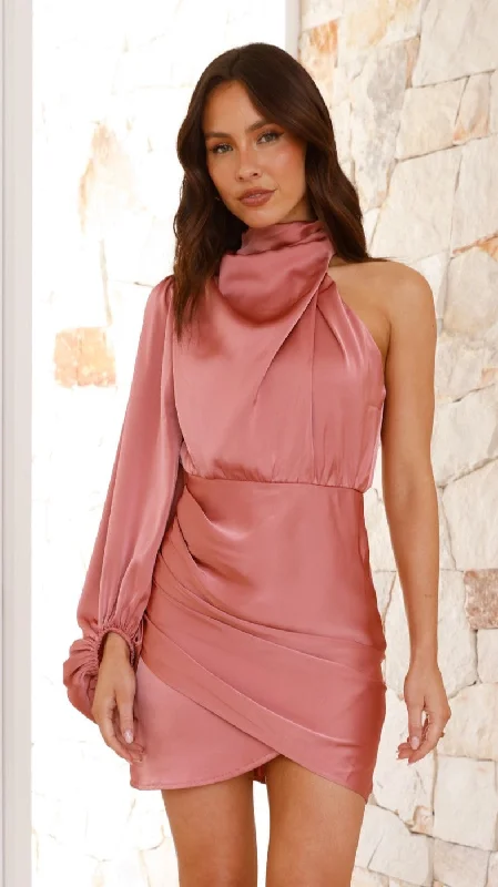 casual midi dresses for date -Lexi One Shoulder Mini Dress - Baked Rose