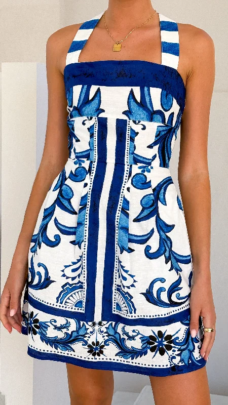 trendy midi dresses for summer -Maegan Mini Dress - Sapphire / White Zayna